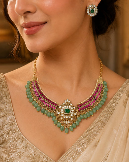 FeelOri jadau kundan necklace set with matching earrings styled with Indian occasion wear