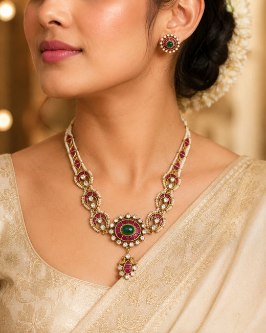 FeelOri jadau kundan necklace set with matching earrings styled with Indian occasion wear