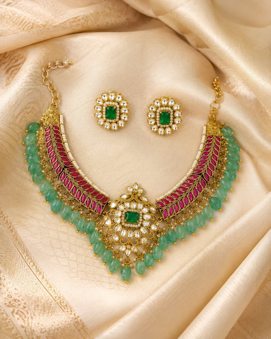 FeelOri jadau kundan necklace set with matching earrings styled with saree fabric for Indian occasion wear
