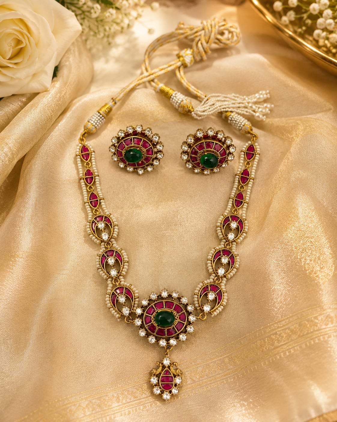 FeelOri jadau kundan necklace set with matching earrings styled with saree fabric for Indian occasion wear
