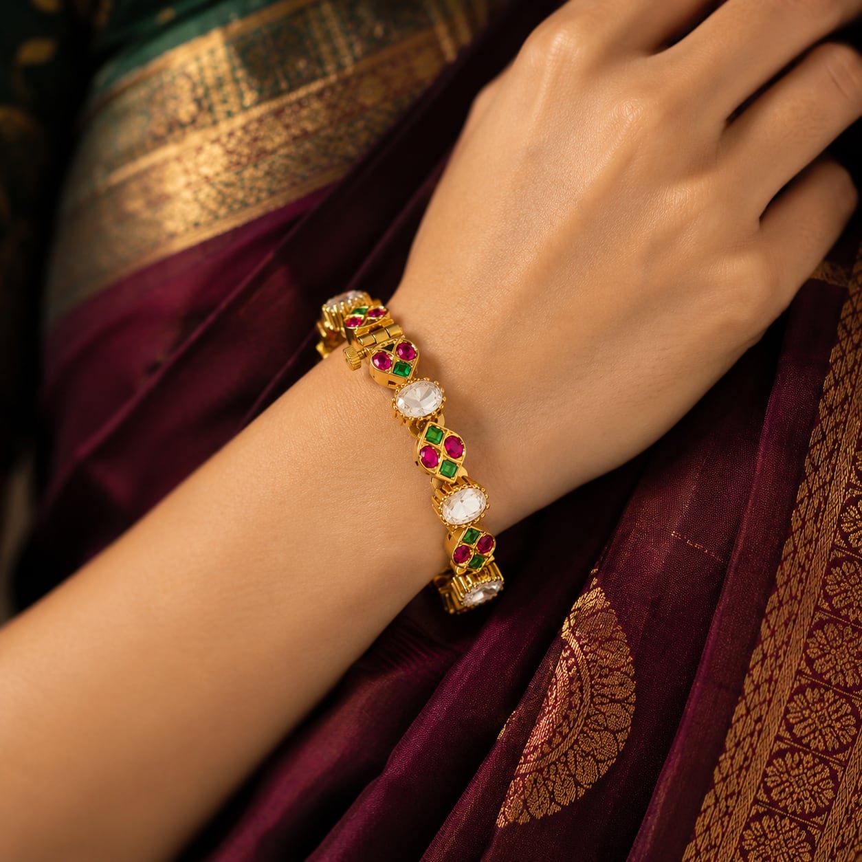 FeelOri jadau kundan openable kada bangle styled with saree fabric for Indian occasion wear