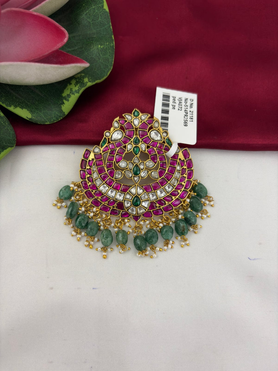 FeelOri Jadau Kundan Ruby Green Lotus Motif Pendant for Wedding Functions