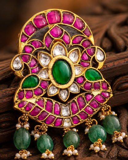 FeelOri real kempu jadau pendant close-up of real kempu stones and jadau work