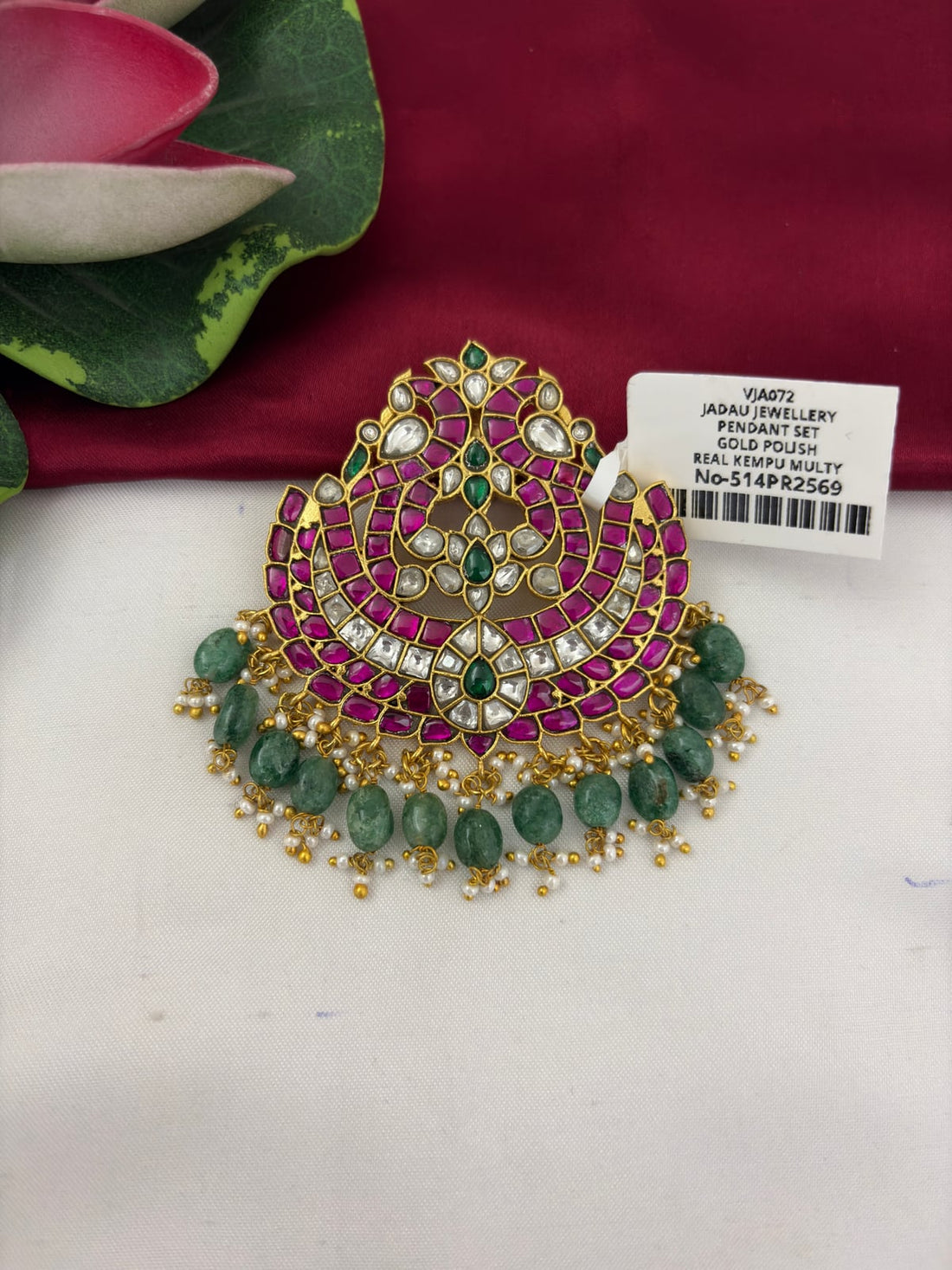 FeelOri Jadau Kundan Ruby Green Lotus Motif Pendant for Wedding Functions