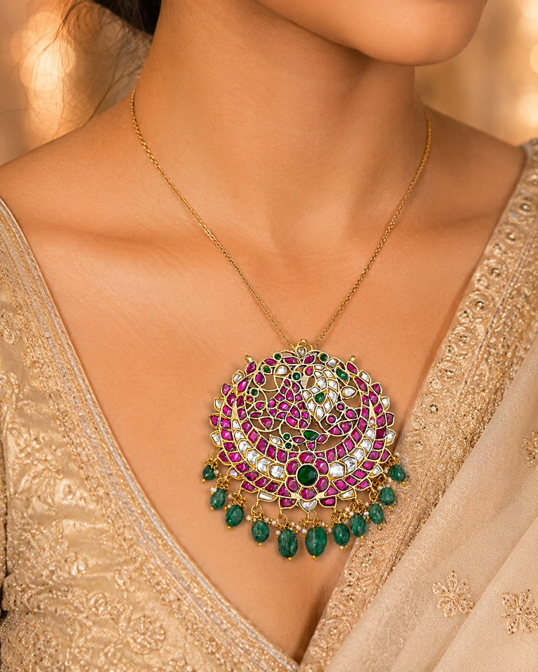 FeelOri kundan-style pendant set styled with Indian occasion wear