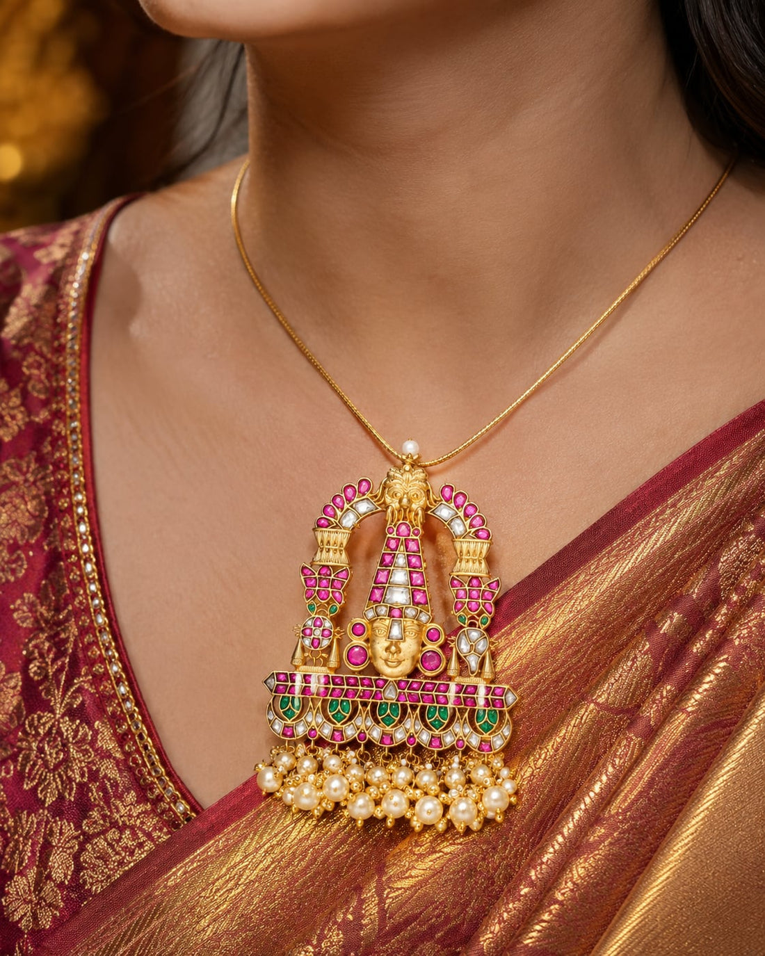 FeelOri real kempu jadau pendant styled with pattu saree blouse for Indian occasion wear