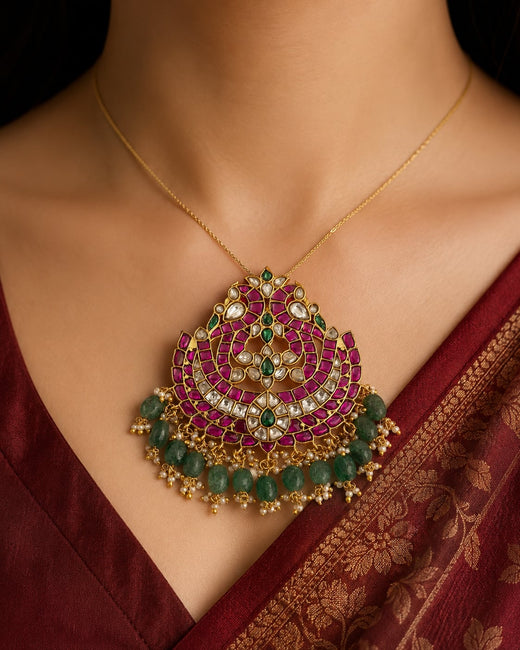 FeelOri jadau kundan Makara Pathakam Twin Makara Crescent Pendant - wearing-scale view