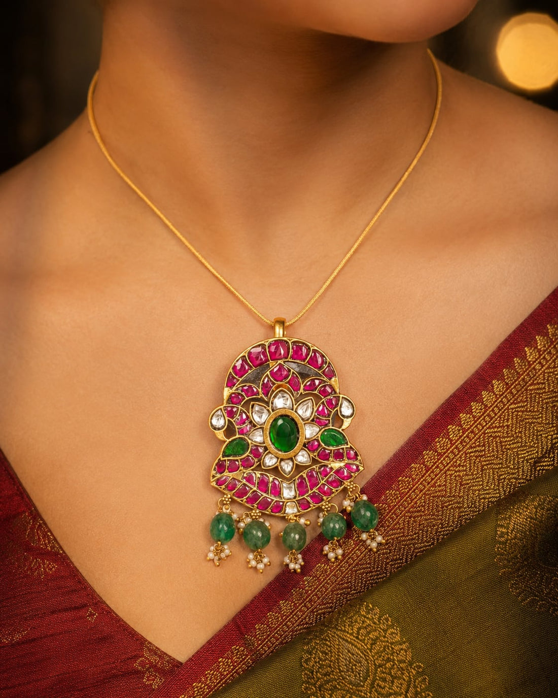 FeelOri real kempu jadau pendant styled with pattu saree blouse for Indian occasion wear