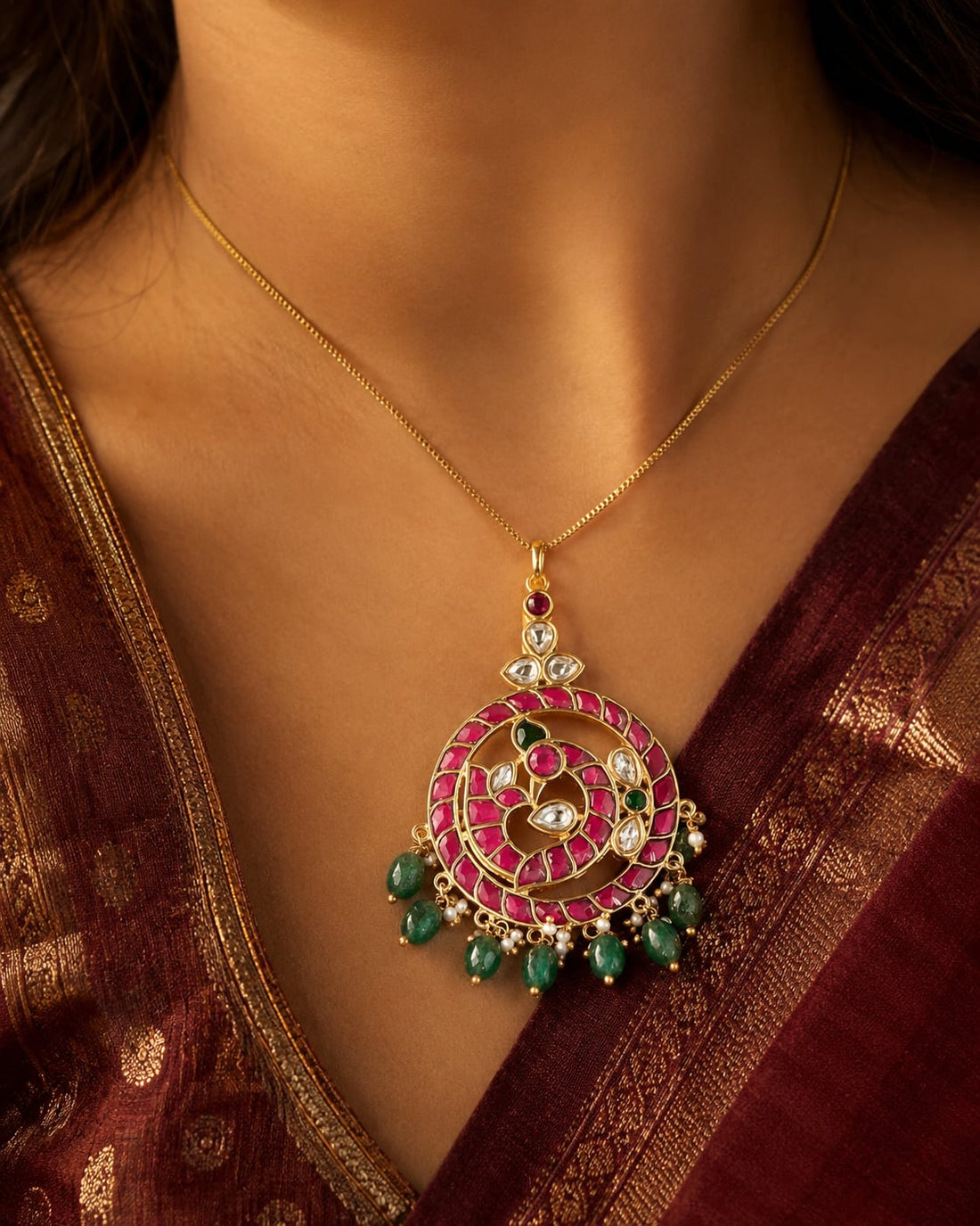 FeelOri jadau kundan pendant styled with Indian occasion wear