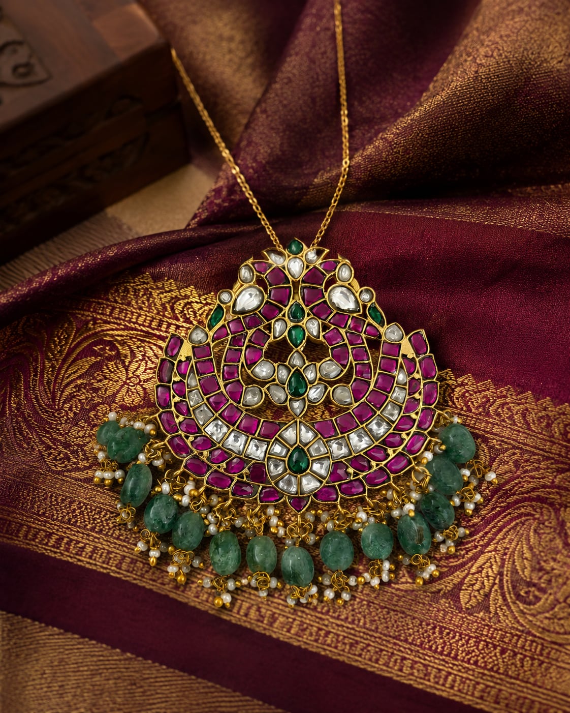 FeelOri jadau kundan pendant styled with saree fabric for Indian occasion wear