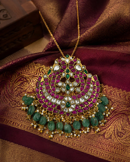 FeelOri jadau kundan pendant styled with saree fabric for Indian occasion wear