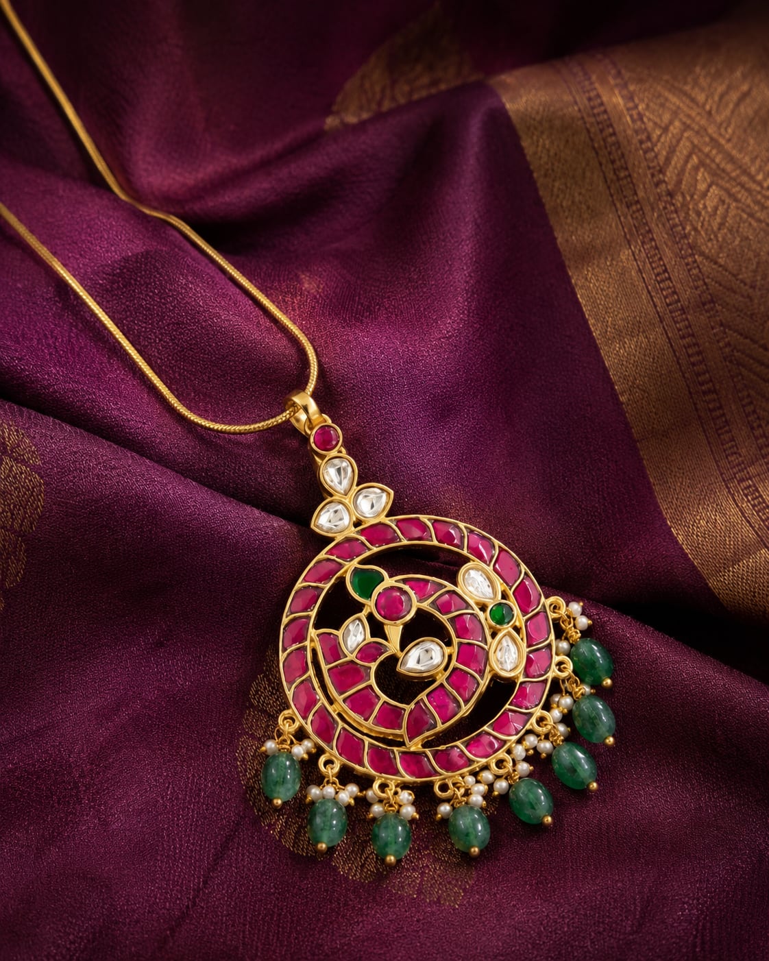 FeelOri jadau kundan pendant styled with saree fabric for Indian occasion wear