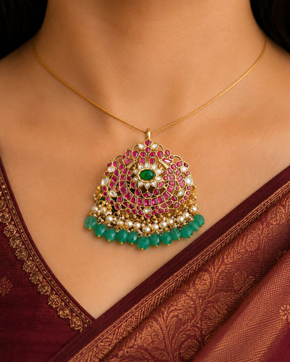 FeelOri jadau kundan pendant styled with saree fabric for Indian occasion wear