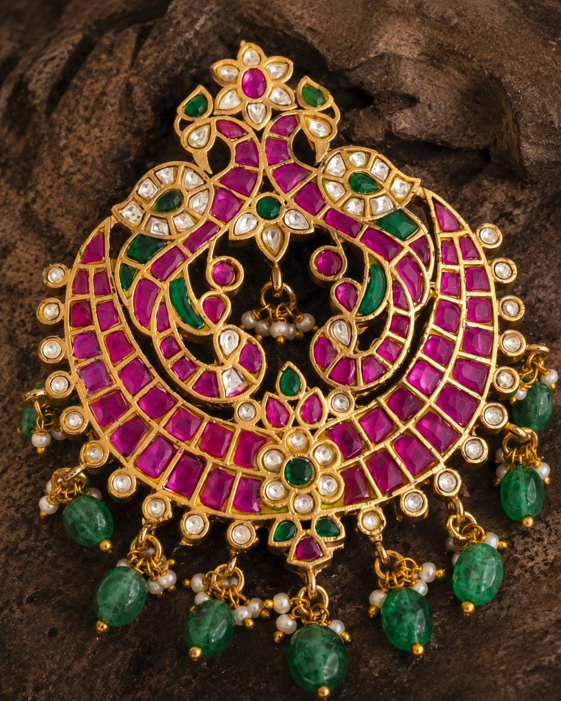 FeelOri jadau kundan pendant styled with saree fabric for Indian occasion wear