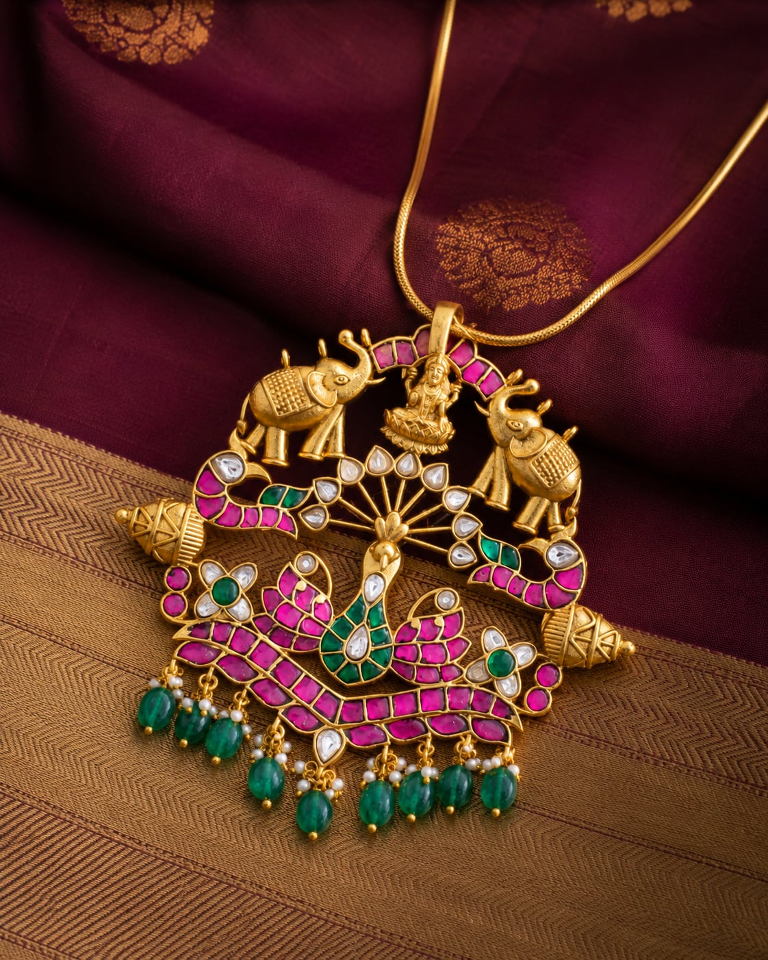 FeelOri jadau kundan pendant styled with saree fabric for Indian occasion wear