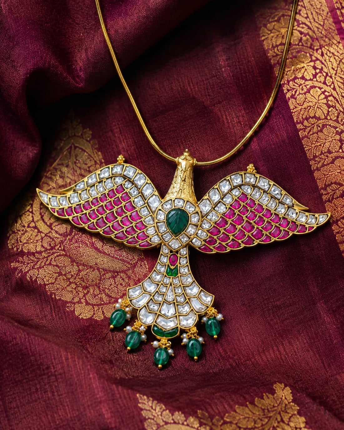 FeelOri jadau kundan pendant styled with saree fabric for Indian occasion wear