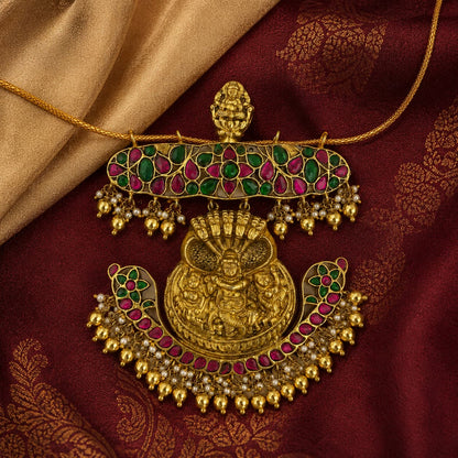 FeelOri jadau kundan pendant styled with saree fabric for Indian occasion wear