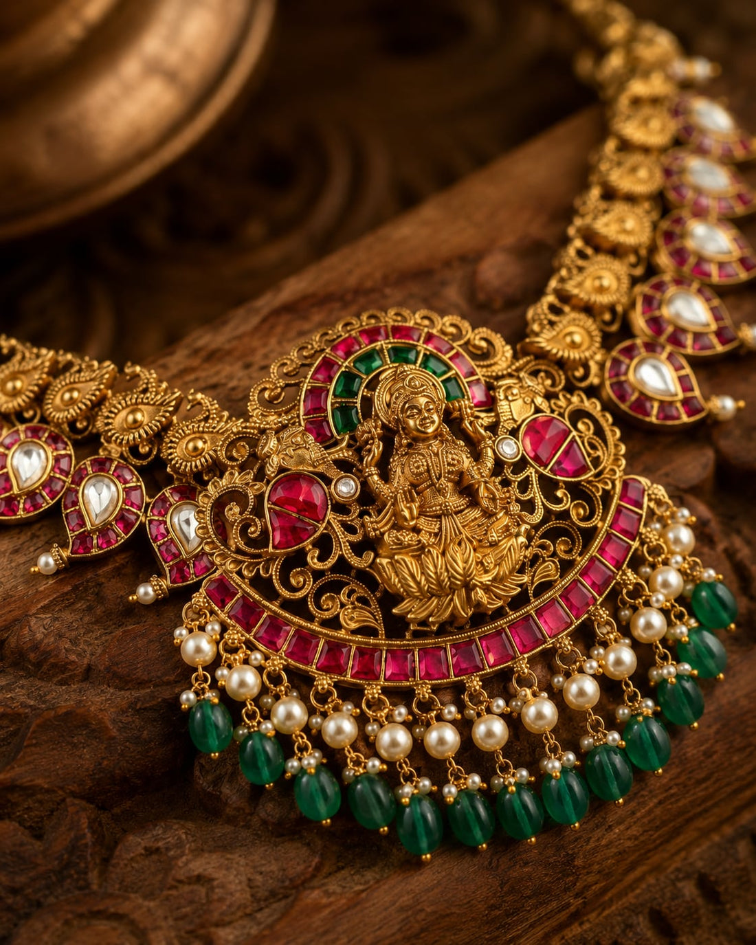 FeelOri lakshmi pendant temple-style necklace listed as necklace only close-up of decorative stones and motif detail