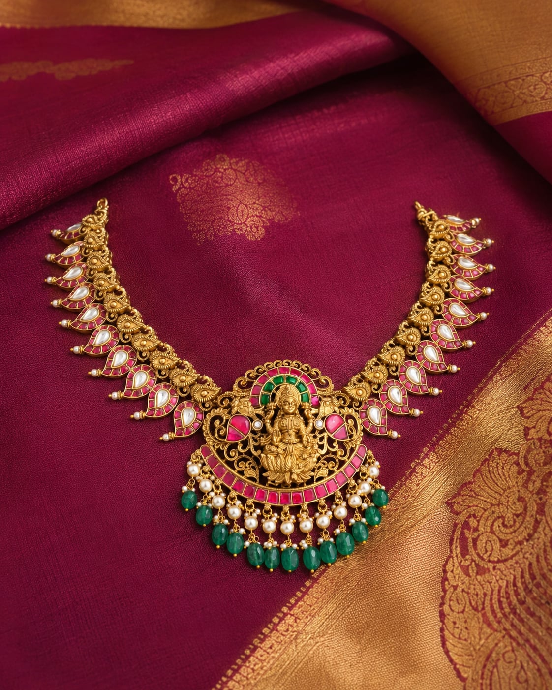 FeelOri lakshmi pendant temple-style necklace listed as necklace only styled with saree fabric