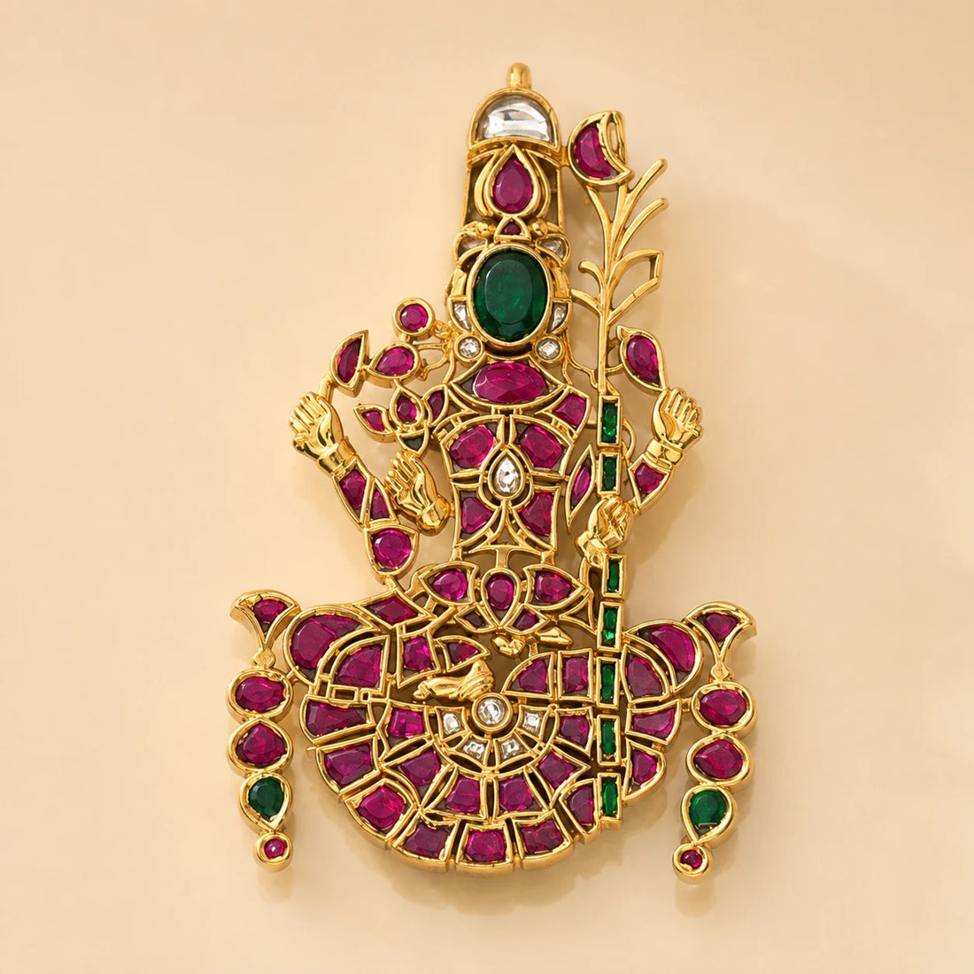 Close view of the Lalitha Tripurasundari temple pendant showing the sugarcane bow and flower-arrow iconography
