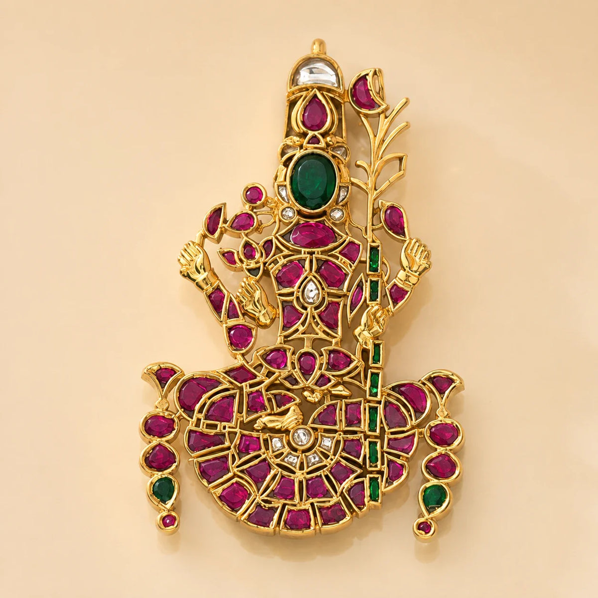 Close view of the Lalitha Tripurasundari temple pendant showing the sugarcane bow and flower-arrow iconography