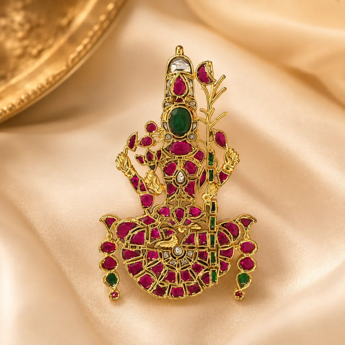 FeelOri Lalitha Tripurasundari Jadau Kundan temple pendant displayed on ivory satin