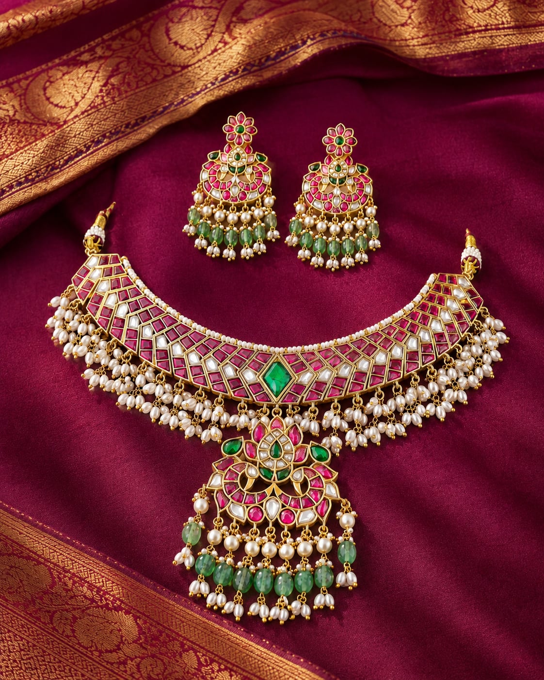 FeelOri Jadau Kundan necklace and matching earrings styled on silk