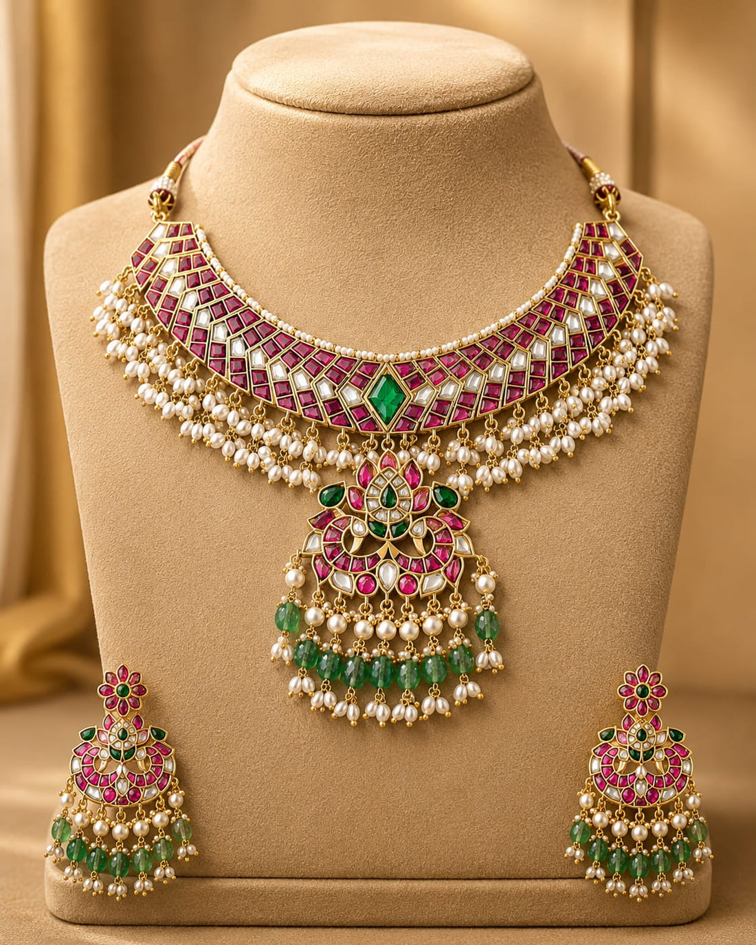 FeelOri layered collar pendant jadau kundan necklace set with matching earrings for pattu saree styling