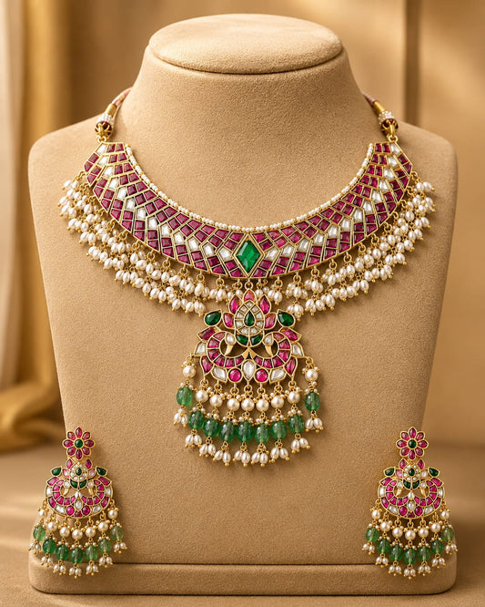 FeelOri layered collar pendant jadau kundan necklace set with matching earrings for pattu saree styling