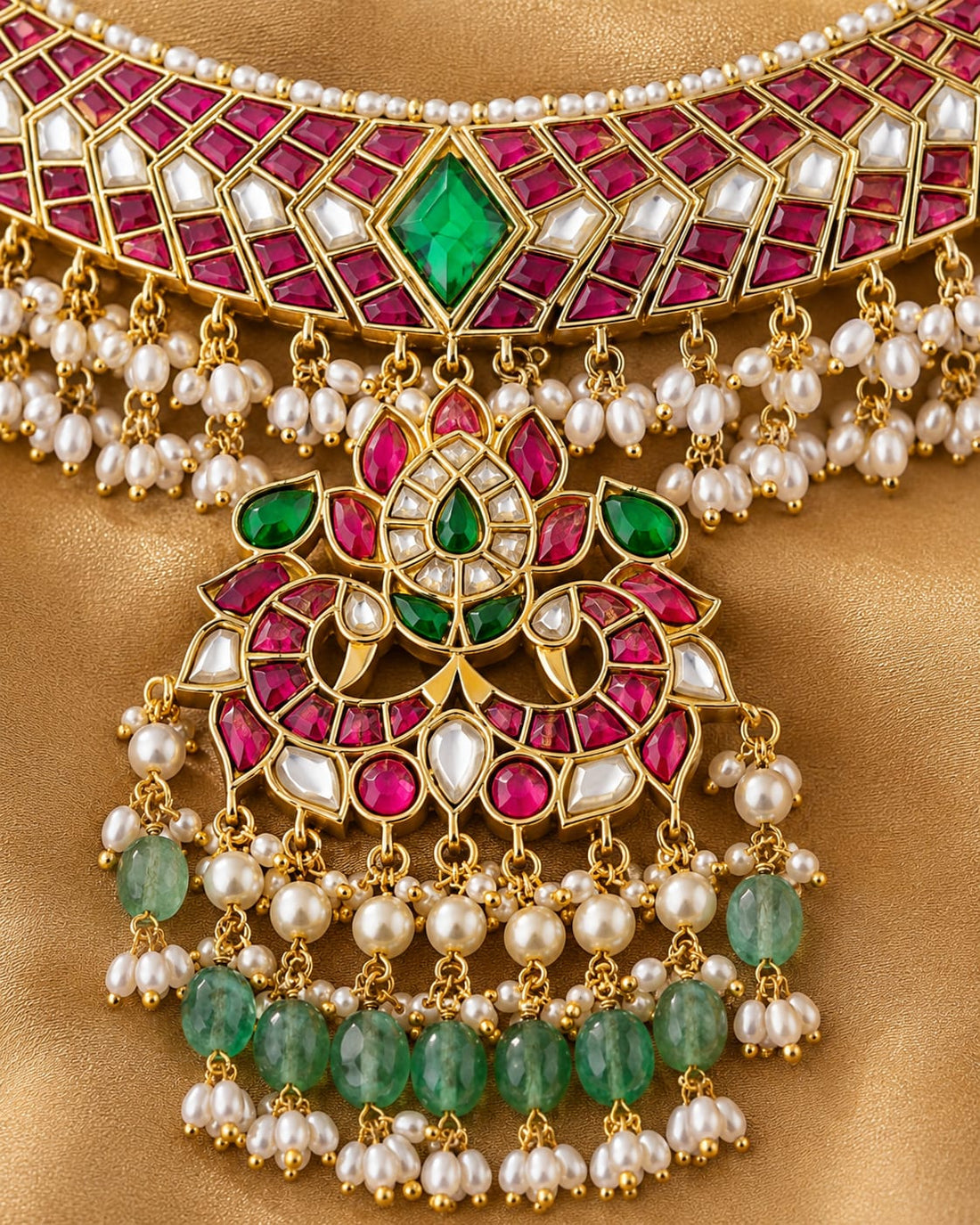 FeelOri layered collar pendant jadau kundan necklace set with matching earrings styled with saree fabric
