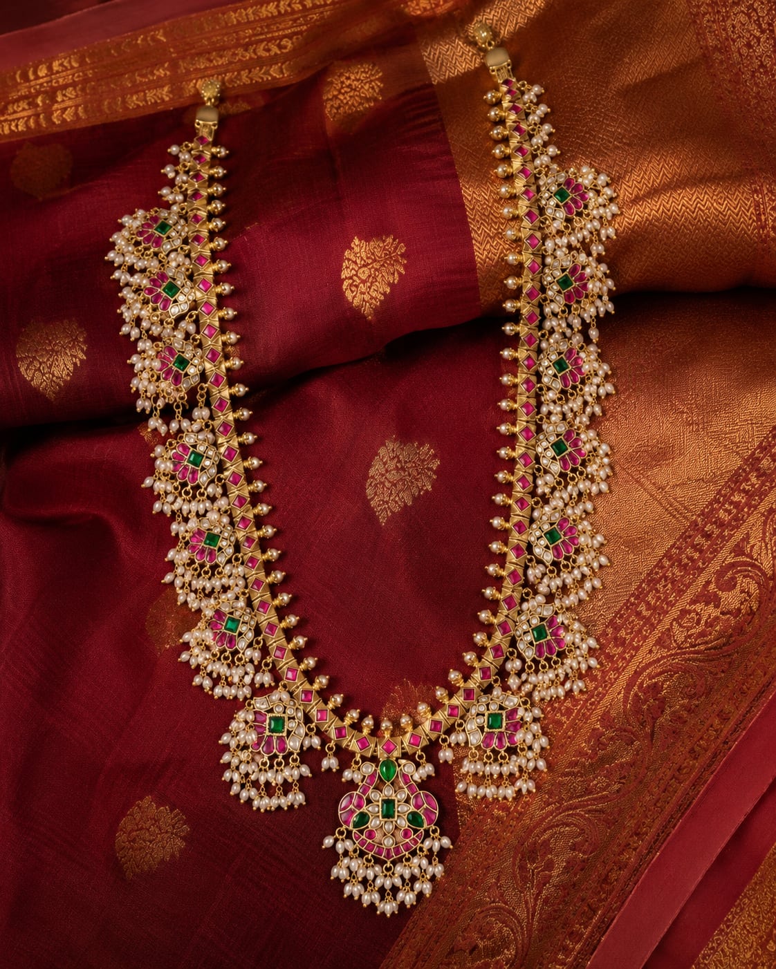 FeelOri layered pearl drop jadau kundan long haram necklace close-up of kundan stones and jadau work