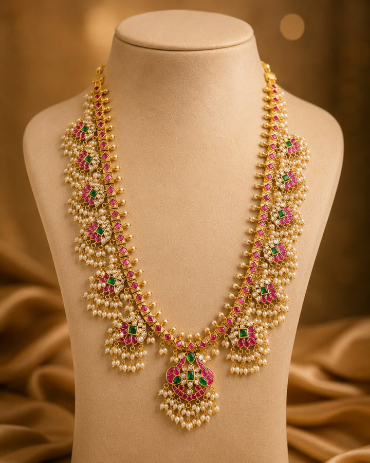 FeelOri Gutta Pusalu haram with Jadau Kundan work and clustered pearl-look fringe