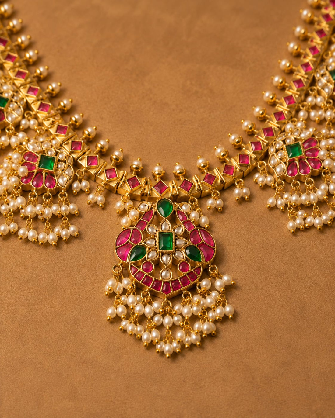 FeelOri layered pearl drop jadau kundan long haram necklace styled with saree fabric