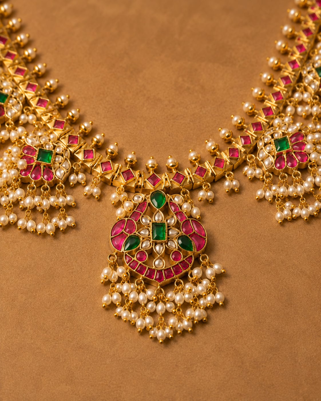 FeelOri layered pearl drop jadau kundan long haram necklace styled with saree fabric