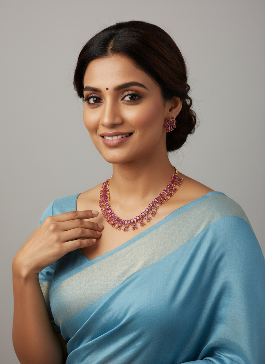 FeelOri Gold Plated Ruby Petal Necklace Set - Model wearing set with traditional blue saree.