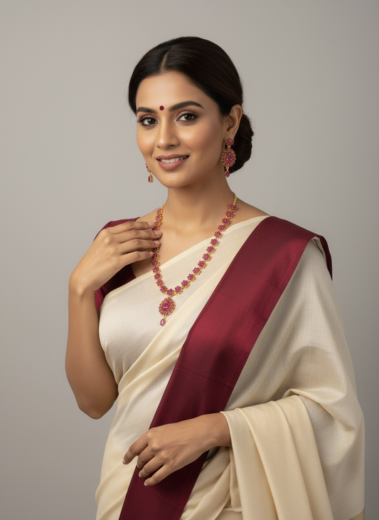 FeelOri Gold Plated Ruby Necklace Set - Model wearing elegant set with traditional off-white saree.