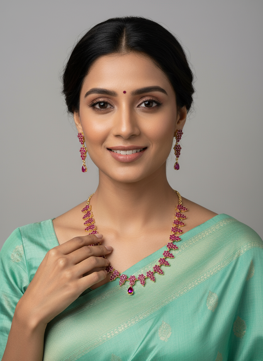 FeelOri Gold Plated Ruby Necklace Set - Model wearing elegant set with light green Indian attire, smiling.