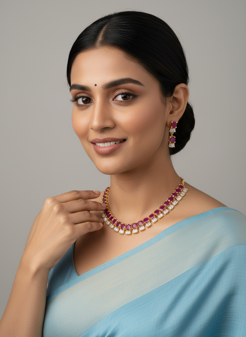 FeelOri Gold Plated Ruby Choker Set - Model wearing elegant set with light blue saree.