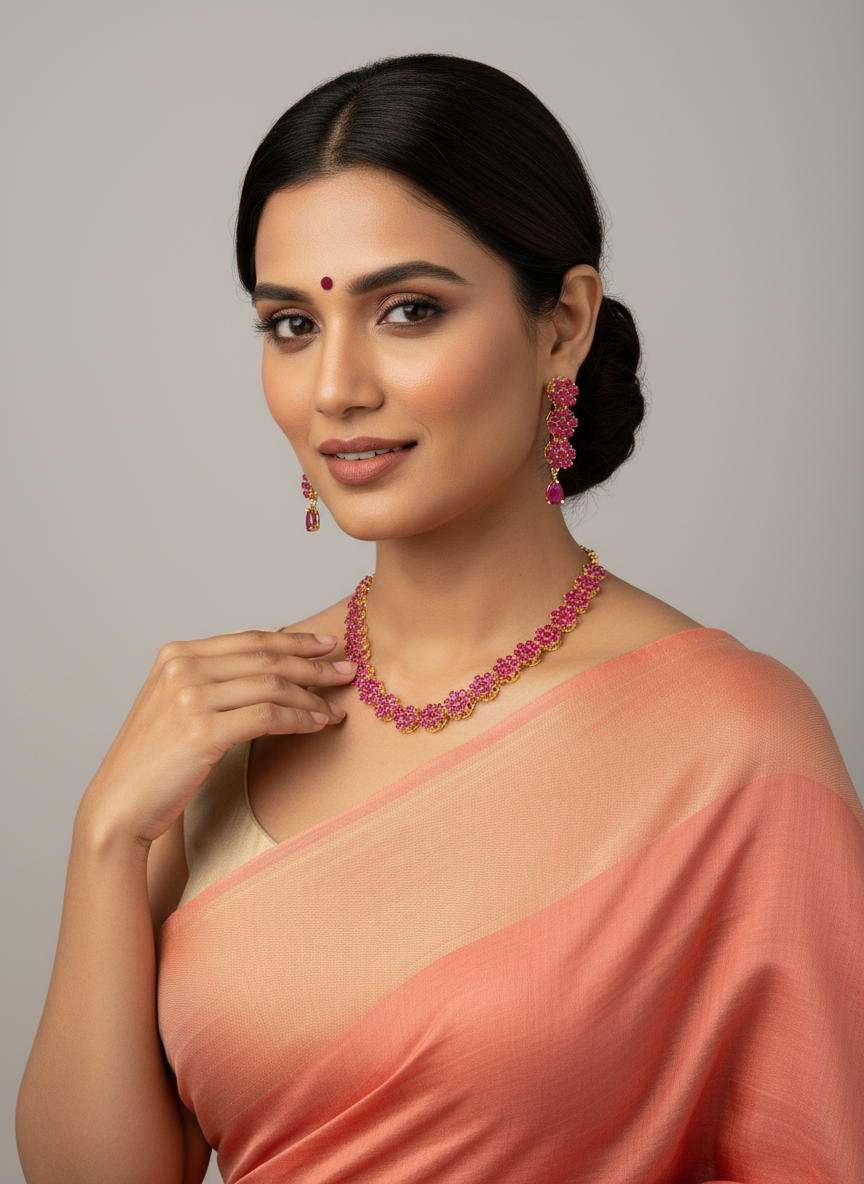 FeelOri Gold Plated Ruby Floral Jewelry Set - Model wearing delicate set with peach saree for traditional look