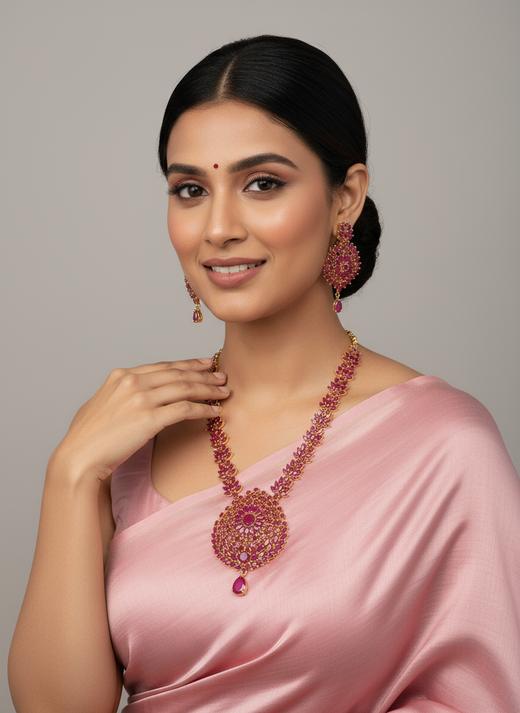 FeelOri Gold Plated Ruby Necklace Set - Model wearing festive ruby leaf mandala set with pink saree.