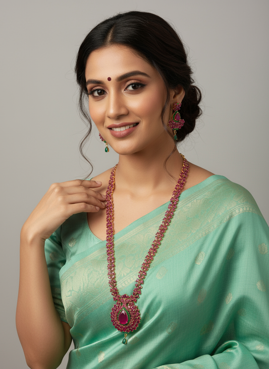 FeelOri Gold Plated Ruby Emerald Necklace Set - Model wearing floral motif long haram with traditional saree.