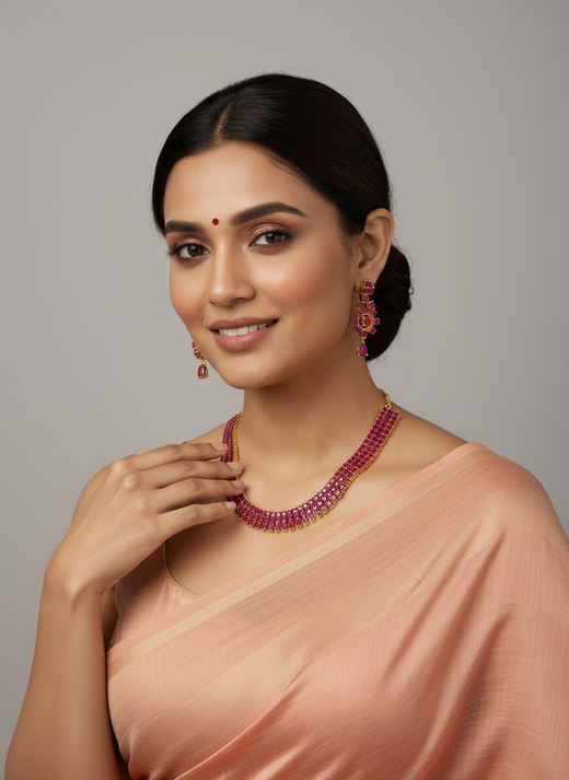 FeelOri Gold Plated Ruby Necklace & Floral Earring Set - Model wearing elegant set with traditional saree.