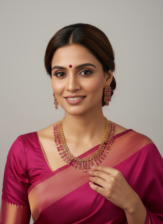 FeelOri Gold Plated Ruby Drop Kundan Necklace Set - Model in magenta saree, smiling, wearing elegant set.