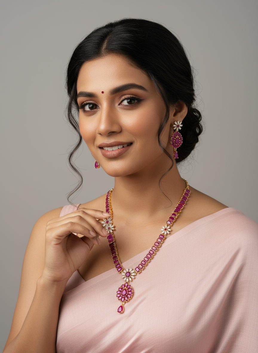 FeelOri Gold Plated Ruby Floral Cluster Necklace Set - Model in light pink saree showing elegant design.