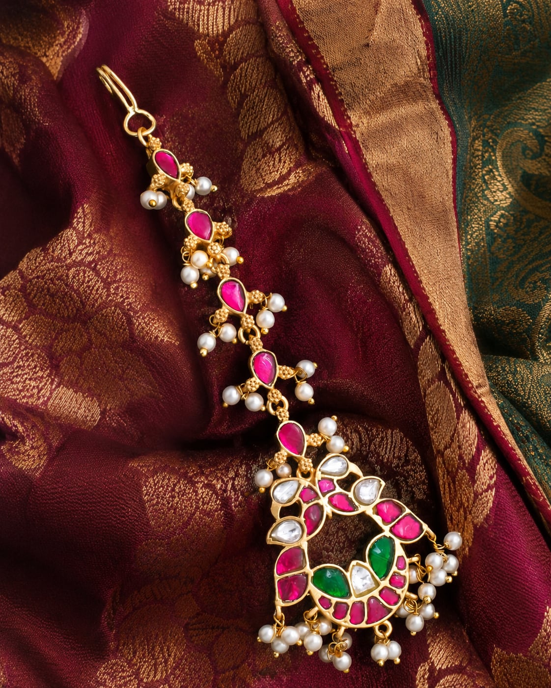 FeelOri linear pearl chain jadau kundan maang tikka listed as maang tikka only close-up of kundan stones and jadau work