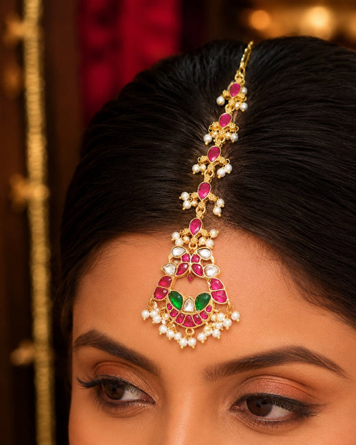 FeelOri linear pearl chain jadau kundan maang tikka listed as maang tikka only on jewellery display