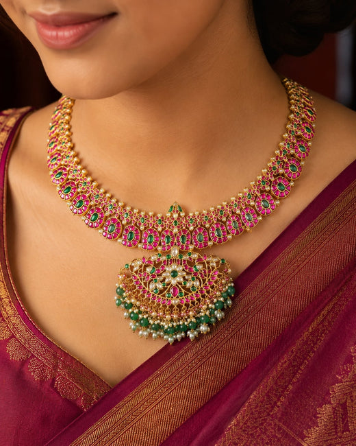FeelOri mala-style jadau kundan long haram necklace on jewellery display