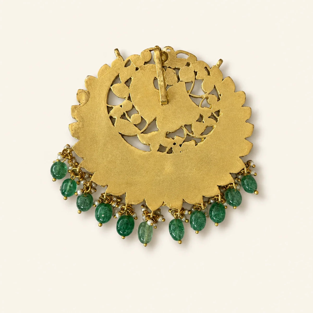 Back view of the FeelOri Manga Chandbali peacock pendant showing its bail and openwork construction