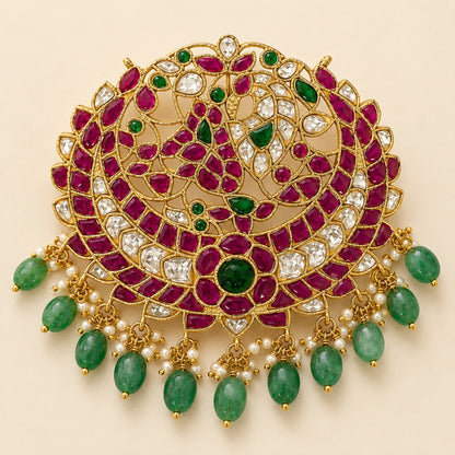 Close view of the Manga Chandbali Jadau Kundan pendant showing its openwork peacock and floral details