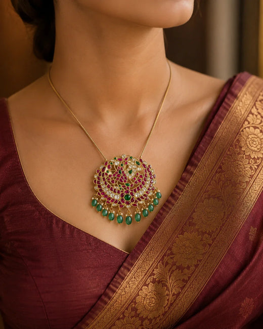 Model wearing the FeelOri Manga Chandbali Jadau Kundan peacock pendant with a maroon silk saree